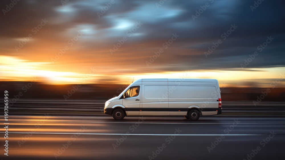 Obraz premium white delivery van on the highway at sunset