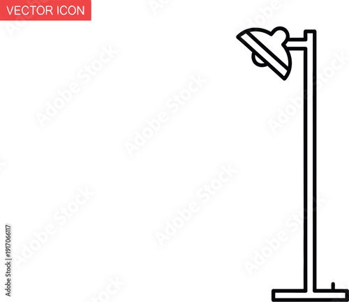 Simple black outline vector icon depicting a classic adjustable reading floor lamp or standard standing light fixture isolated on a white background for modern graphic design.
