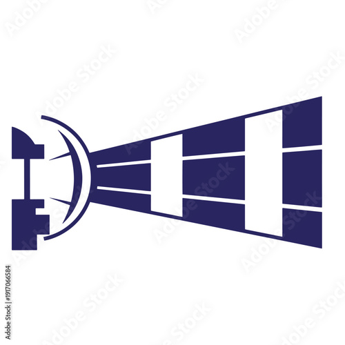 Navy blue film strip icon with a camera lens on a white background