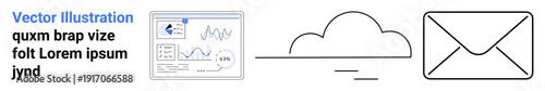 Data analytics, cloud storage, communication tools, email services, digital workflows, remote work. Icons of a graph, cloud and an envelope. Data analytics and cloud computing concepts