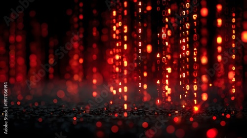 Red glowing binary code digits zeros and ones stream down in a dark abstract digital environment a futuristic cyber security and data concept