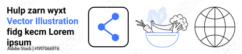 Global connectivity, healthy lifestyle, social media, sharing economy, communication, balanced diet. Minimal icons of a globe, share symbol and food bowl. Connectivity and healthy lifestyle