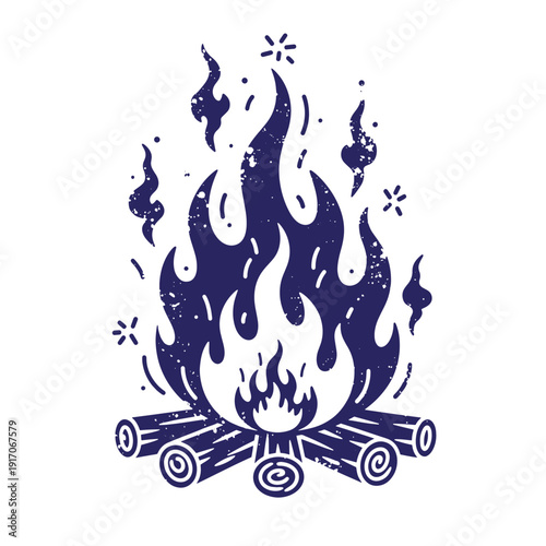 Grunge texture A dark blue illustration of a burning fire with flames and sparks on a white background  campfire Vintage Style