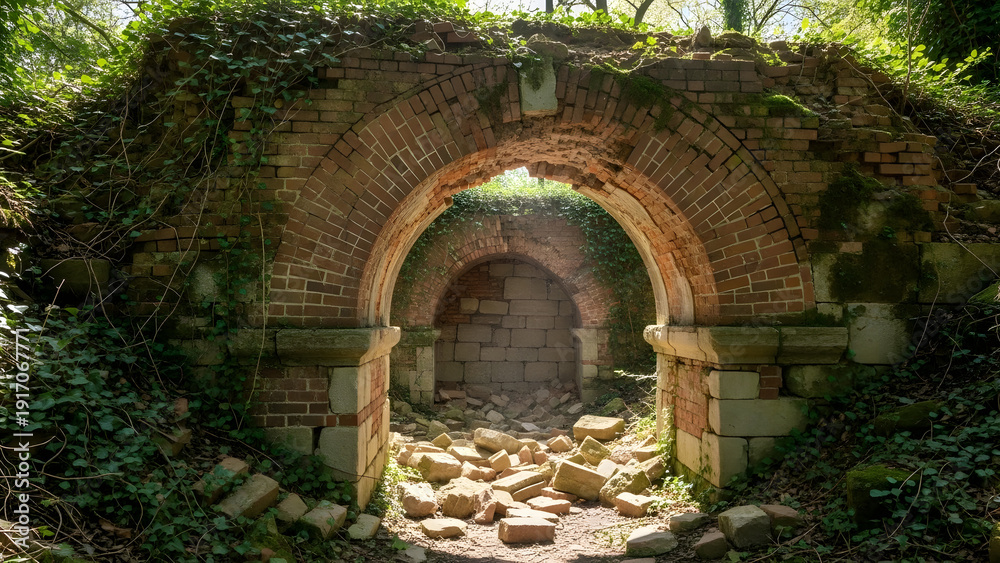 Fototapeta premium Ancient brick archway overgrown with ivy and foliage, a forgotten historical ruin