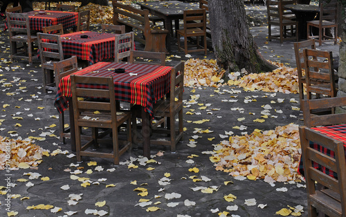 Empty outdoor restaurant in October