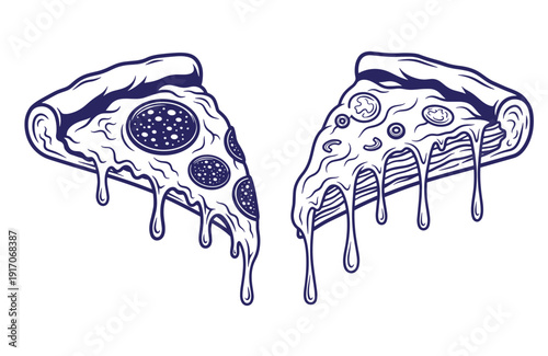 Two slices of melted cheese pizza with toppings on white background  delicious food