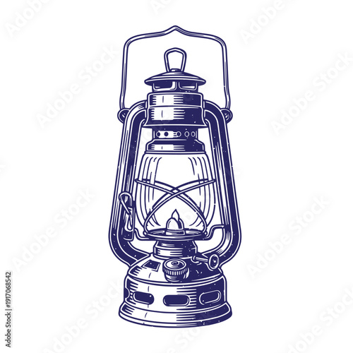 Vintage kerosene lantern with handle and glass chimney  old camping lamp with metal frame and base  antique lighting device