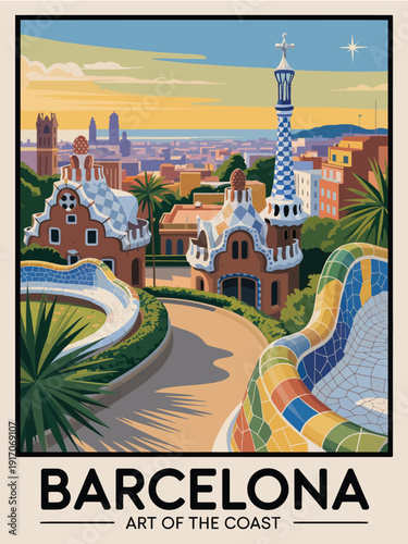 Barcelona poster, Art of the Coast vintage sunset travel design
