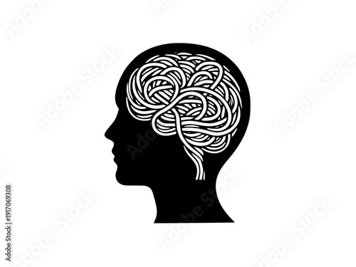 Ein Kopf mit verschlungenen Linien als Symbol für Gedankenchaos. Modernes Motiv für Achtsamkeits- oder Therapieräume.KI Generiert