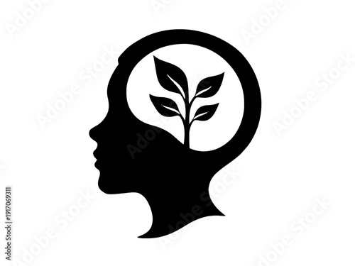 Ein Kopf mit wachsender Pflanze im Inneren. Symbolisiert persönliche Entwicklung und Balance.KI Generiert