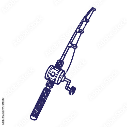 Grunge texture Fishing rod with reel on white background for hobbies and leisure activities like fishing sports Vintage Style