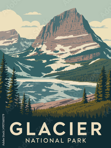 Glacier National Park poster, retro outdoor design with large GLACIER text and earthy tones