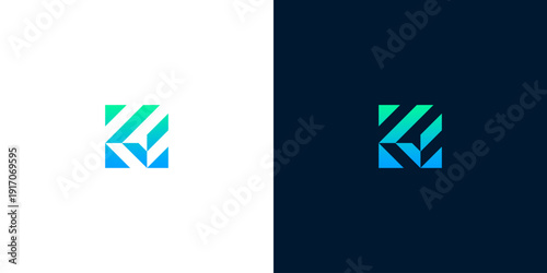 Modern abstract geometric logo featuring a dynamic blue and green gradient. Sleek design with diagonal lines, ideal for technology, corporate, and digital branding