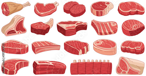 raw and grilled meat steak illustration set, including premium beef, pork, and lamb cuts, meticulously designed for traditional butcher shop branding and professional culinary designs.