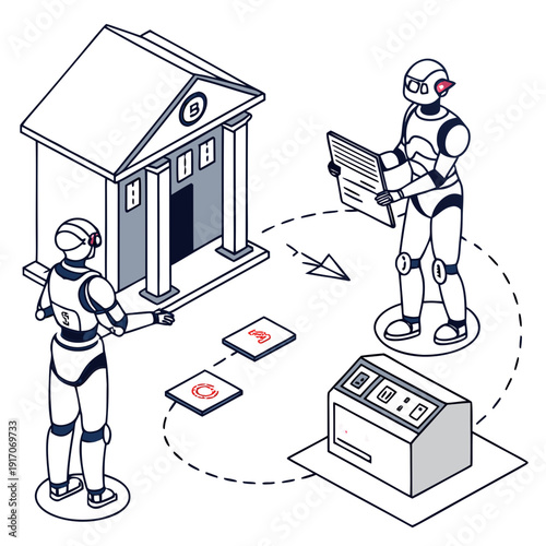 Robots exchanging documents and money at a futuristic bank