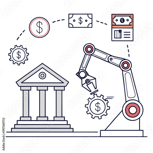 Modern robotic arm processing financial transactions with bank