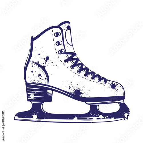 Grunge texture ice skate with laces and blades for hockey or figure skating on white background Vintage Style