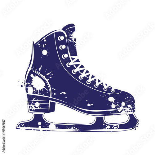 Grunge texture Ice skate boot with white laces and paint splatters on white background  sports equipment for ice skating Vintage Style