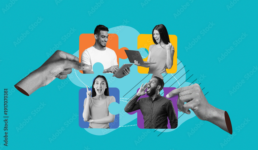 Obraz premium A collage displays four people engaged in different activities. They use devices and communicate with each other. Different colors highlight each individual while hands connect them.