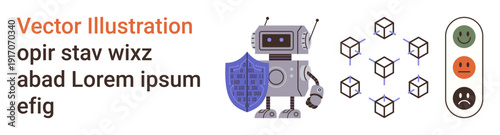 Cybersecurity, blockchain, feedback systems, robotics, artificial intelligence, data protection. Robot holding shield, blockchain diagram feedback icons. Cybersecurity and blockchain concepts