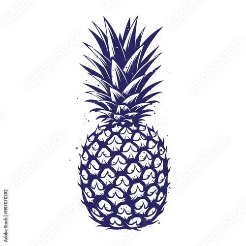 Grunge texture Pineapple illustration in blue color on white background with spiky leaves and textured skin Vintage Style