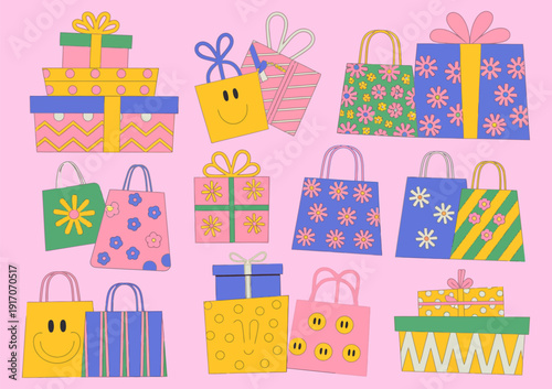 retro cartoon gift boxes, shopping bags, and packaging details, featuring holiday paper bags and decorative boxes, perfectly curated for a festive holiday shopping set.