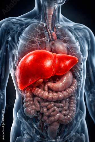 3D medical illustration of an enlarged human liver highlighted in red inside a transparent torso, showing realistic anatomy on a dark background for clinical and healthcare concepts.
