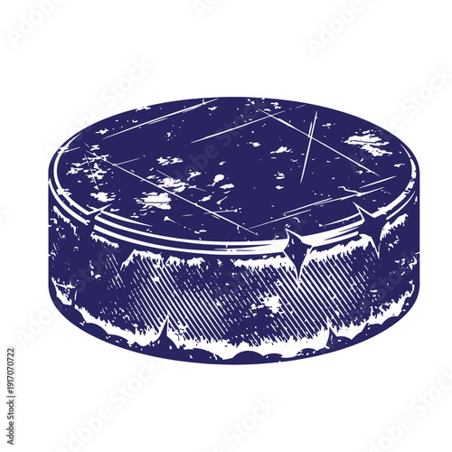 Grunge texture Vintage blue hockey puck with white scratches and worn texture on white background Vintage Style