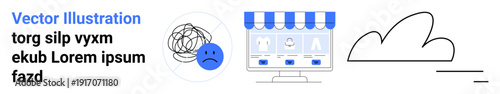 E-commerce, mental health, web services, cloud computing, online stores, digital technology. A storefront, cloud and distressed face icon with scribble. E-commerce and mental health concept