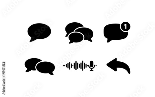 Collection of communication and messaging icons including speech bubbles, voice message, and reply