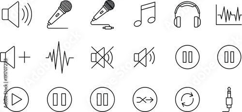 Extensive Set of 18 Minimalist Audio Line Icons Featuring Microphones Headphones Volume Controls Music Playback Buttons and Sound Wave Charts