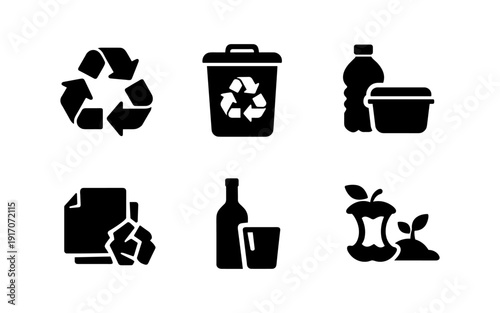 Collection of six distinct icons representing different types of waste for recycling and composting