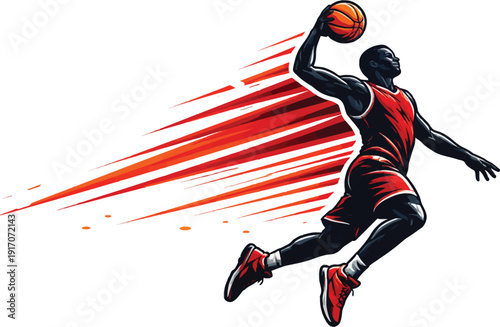 Dynamic Basketball Player Dunking with Red Speed Lines Vector Illustration Isolated on White