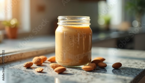 Glass jar of creamy nut butter sits on a kitchen counter surrounded by almonds. Natural light illuminates the spread, perfect for healthy breakfast or snack.