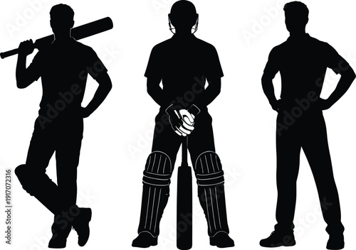 Cricket Players Black Silhouettes Standing with Bats Isolated on White Background Vector Illustration