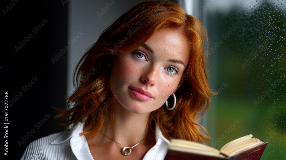 Fototapeta premium Young Woman Reading Vintage Book Rainy Window Cozy Atmosphere
