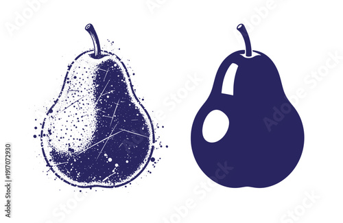 Grunge texture Illustration of two pears with different textures and styles on white background Vintage Style