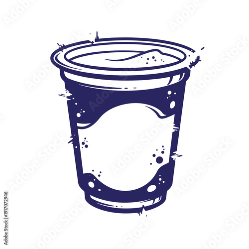 Grunge texture a blue disposable coffee cup with splatters and drips on a white background Vintage Style