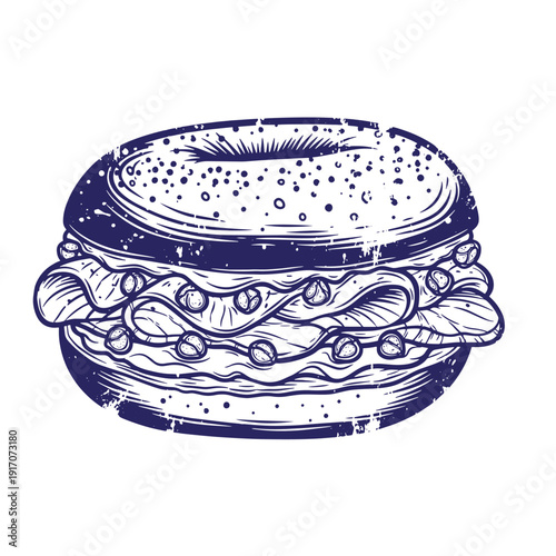 Grunge texture A detailed illustration of a classic doubledecker hamburger with sesame seed bun and savory fillings Vintage Style