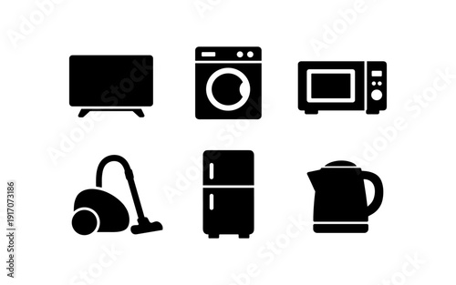 Collection of black icons representing common household appliances on a white background