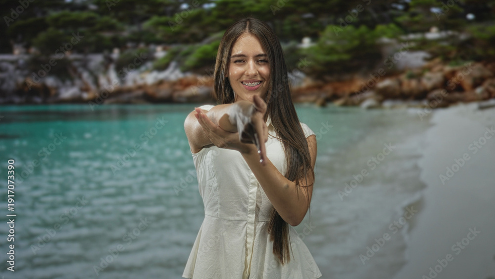 Fototapeta premium Woman points finger at camera on a beach, arm across chest holding elbow, wearing white sleeveless dress with long hair and a stern then smiling expression; playful defiance.