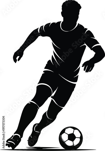 Soccer player silhouette vector illustration isolated on transparent background. Dynamic black graphic of an athlete dribbling a football, perfect for sports designs and branding.