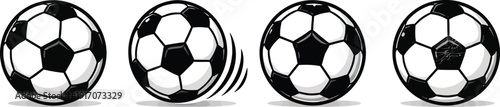 Soccer ball vector icon collection. Includes four distinct footballs, one with motion lines, depicting various states of play and movement. Created in a flat black and white style with subtle