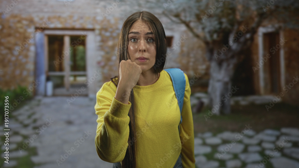 Fototapeta premium Young student woman in yellow sweater with blue backpack clenches fist near chin facing camera in front of stone building; defiance resilience.
