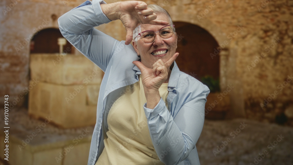 Fototapeta premium Woman with short grey hair and glasses frames face with hands on street in old town, smiling broadly in a light shirt; joyful confidence.