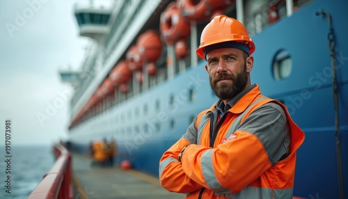 Man in hard hat and safety vest stands arms crossed by large blue cruise ship. Maritime worker poses on shipyard pier, ready for ship repair and maintenance tasks.