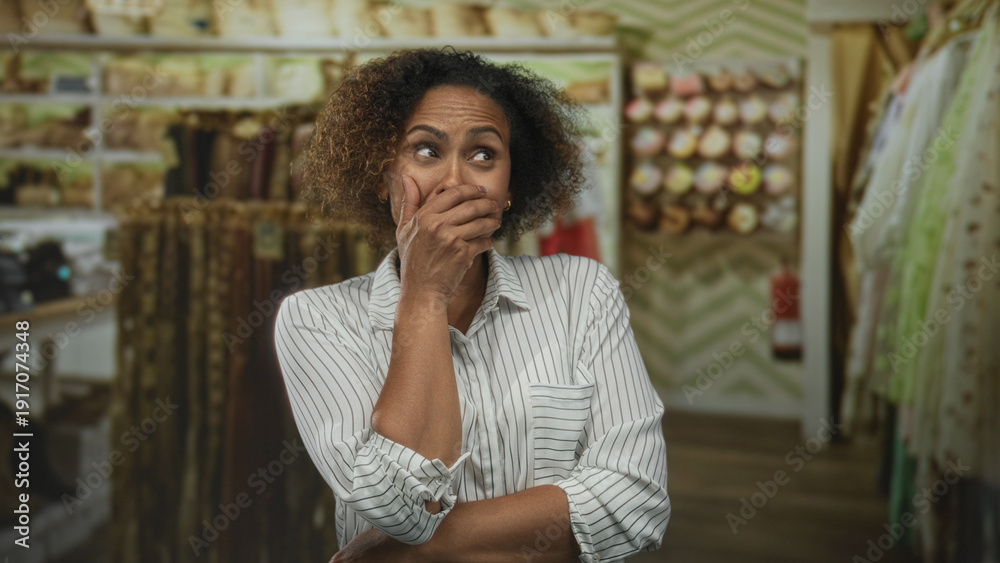 Fototapeta premium Woman covering mouth with hand in shop aisle among fabric bolts and hanging garments in retail store interior; disgust.