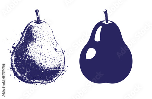 Grunge texture Two dark blue pears with stem on white background  fruit illustration Vintage Style