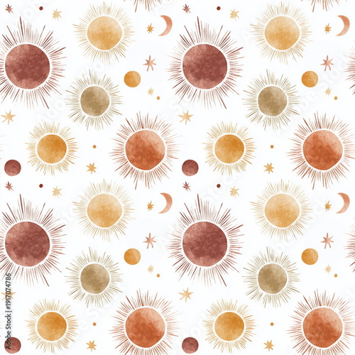 Wallpaper Mural Seamless Pattern Boho Celestial Suns with Cream Halos in Dusty Olive Earthy Tones Torontodigital.ca