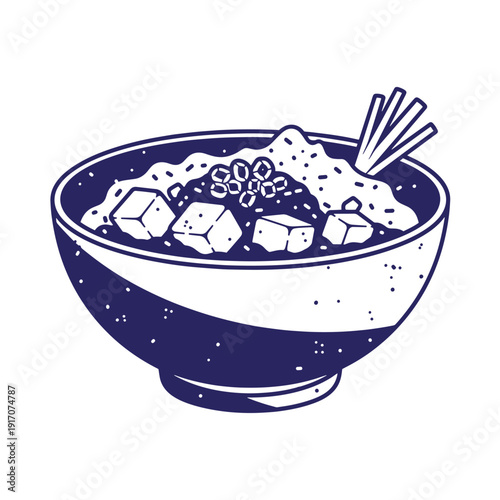 Grunge texture Illustration of a bowl of noodles with chopsticks and various toppings Vintage Style